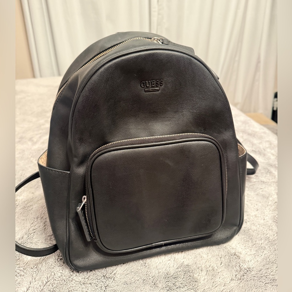 Guess Black Leather Backpack with Front Zip Pocket